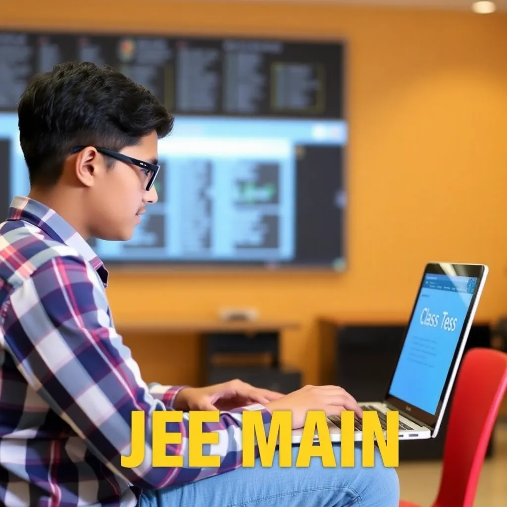 A student sitting with a laptop, attempting a full-length mock test in a simulated exam environment, ready to ace the JEE Main.