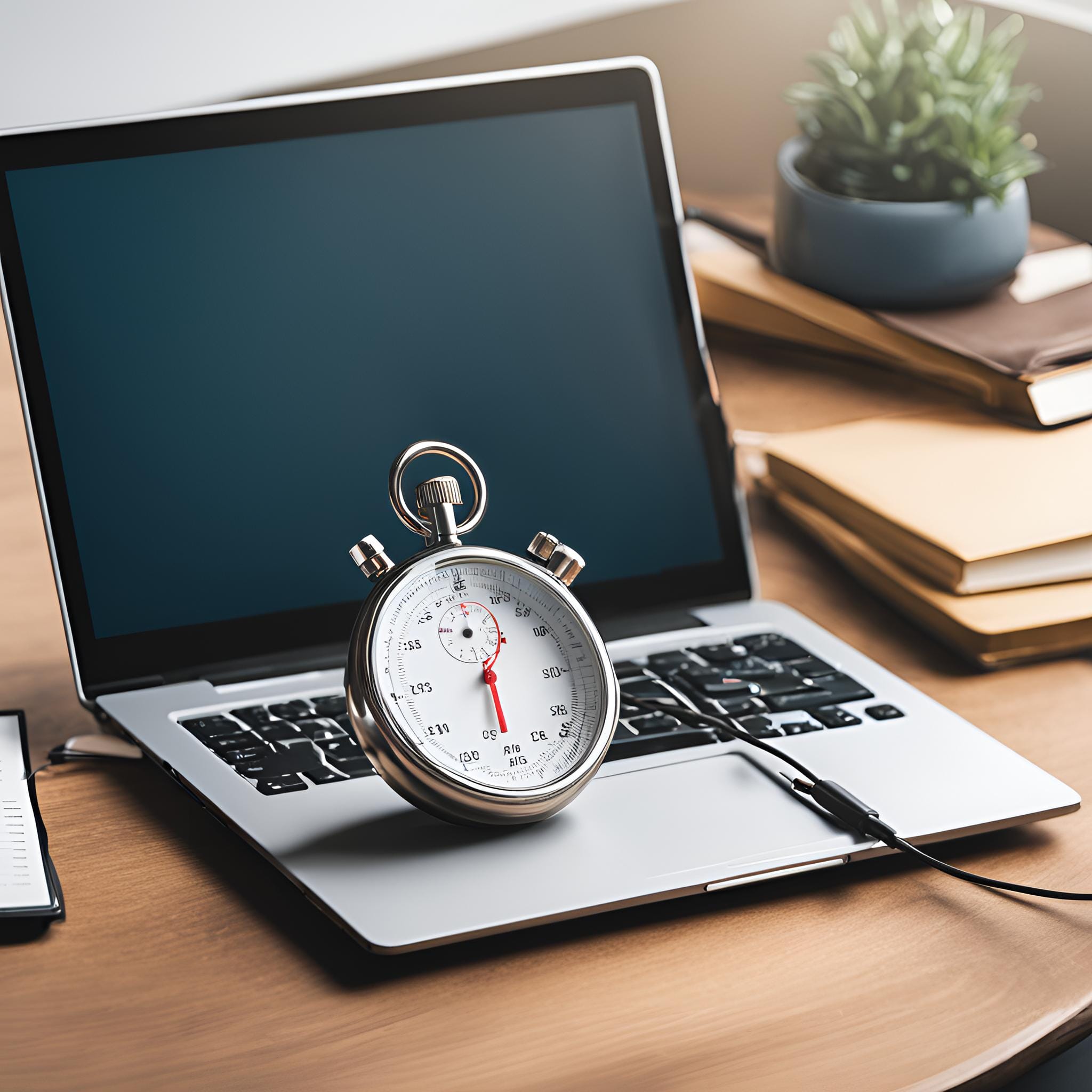 A stopwatch alongside a JEE Main mock test on a laptop, representing the importance of timing your practice.