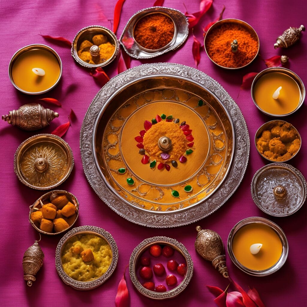 A traditional Karwa Chauth Thali adorned with the essentials for puja (worship), symbolizing devotion and festivity
