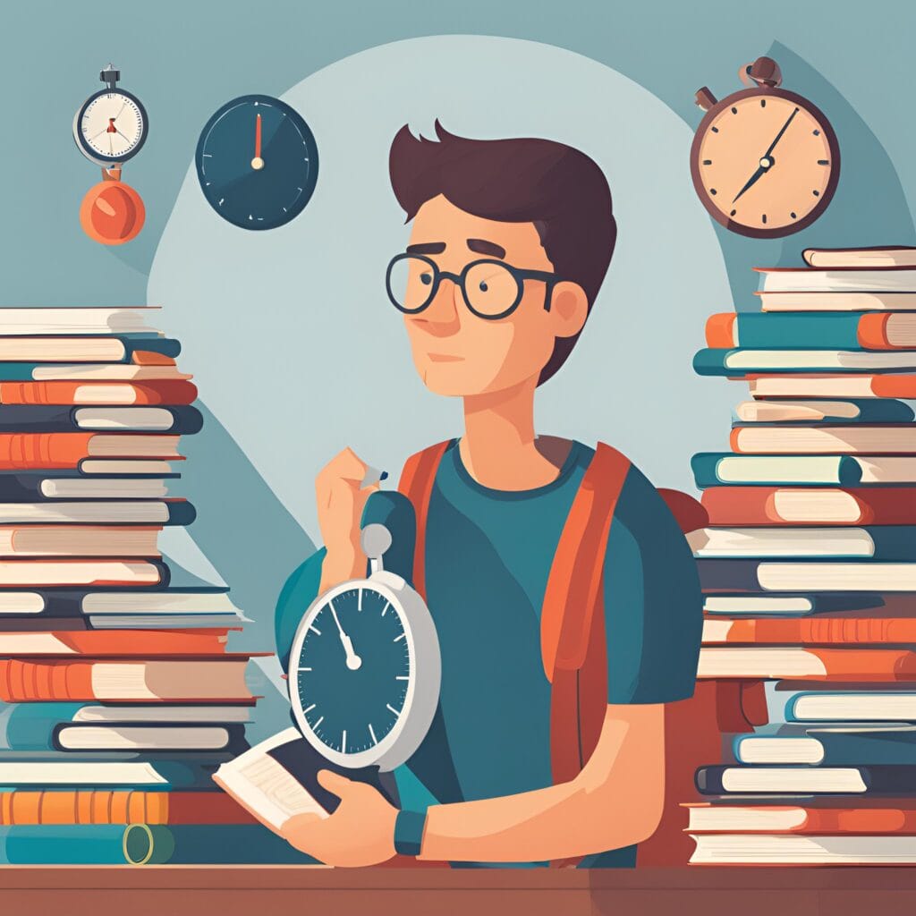 A student with a stopwatch next to a stack of books, symbolizing the importance of speed in JEE Main Exam.